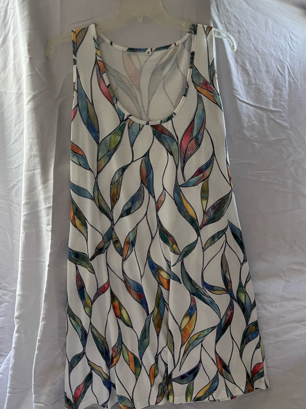 White Sleeveless Leaf-Print Tank Dress